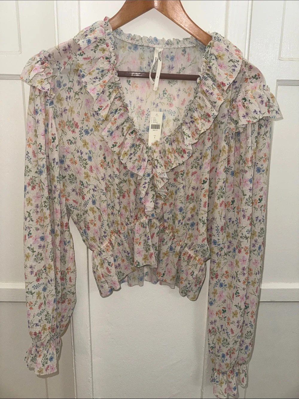 Anthropologie Pastel Floral Ruffle Blouse - White Base